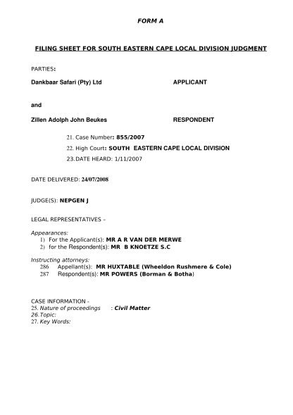 38377625-filing-sheet-for-south-eastern-cape-local-division-judgment-saflii