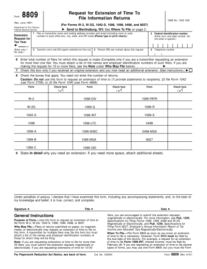 385085493-form-8809-rev-june-1997-request-for-extension-of-time-to-file-information-returns