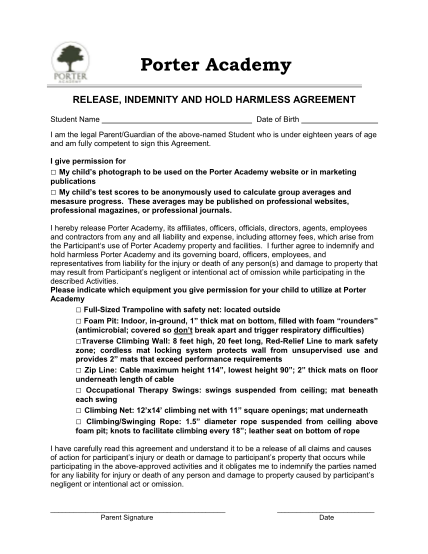 388484348-porter-academy-release-indemnity-and-hold-harmless-agreement-student-name-date-of-birth-i-am-the-legal-parentguardian-of-the-abovenamed-student-who-is-under-eighteen-years-of-age-and-am-fully-competent-to-sign-this-agreement