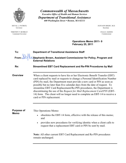 39238114-kehoe-commissioner-operations-memo-2011-9-february-25-2011-to-department-of-transitional-assistance-staff-from-stephanie-brown-assistant-commissioner-for-policy-program-and-external-relations-re-streamlined-ebt-card-replacement