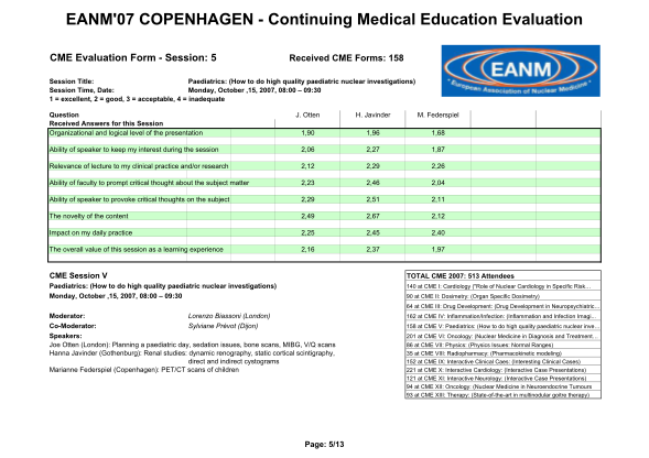 39444263-eanm07-copenhagen-continuing-medical-education-evaluation-cme-evaluation-form-session-5-received-cme-forms-158-session-title-paediatrics-how-to-do-high-quality-paediatric-nuclear-investigations-session-time-date-monday-october