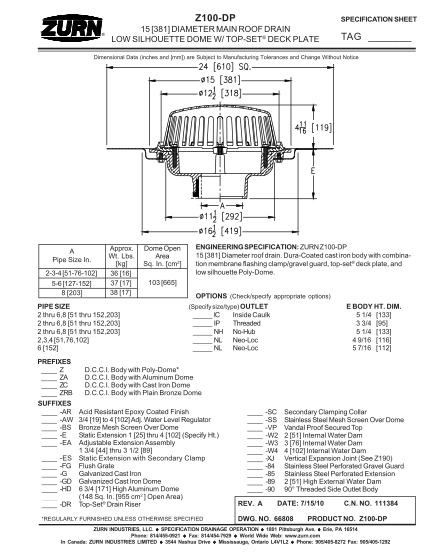 398397106-z100dp-specification-sheet-15-381-diameter-main-roof-drain-low-silhouette-dome-w-topset-deck-plate-tag-dimensional-data-inches-and-mm-are-subject-to-manufacturing-tolerances-and-change-without-notice-a-pipe-size-in-zurn-eriepa