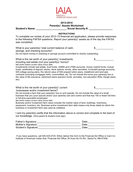 40131724-2013-14-parents-assets-worksheet-institute-of-american-indian-arts