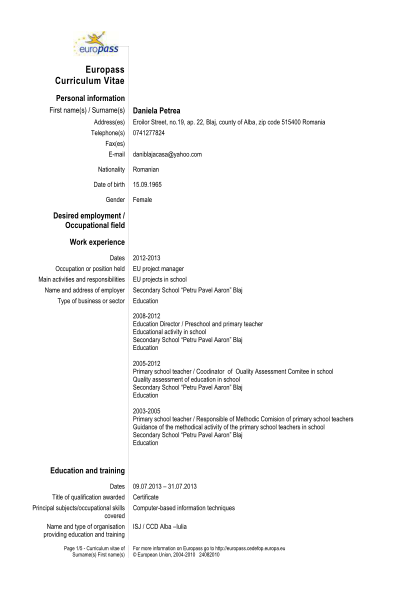 74 Europass Curriculum Vitae page 3 - Free to Edit, Download & Print ...