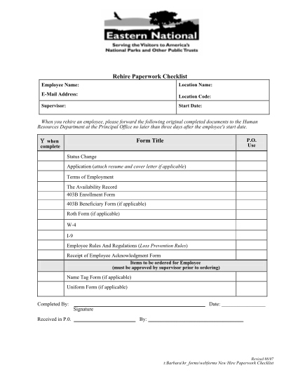 40229647-rehire-paperwork-checklist-form-title-eastern-national