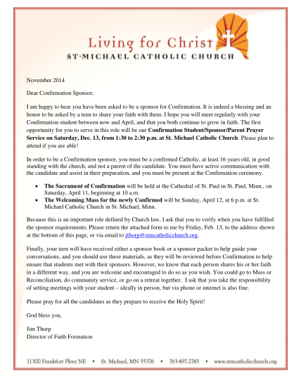 Sample Letter For Catholic Confirmation From Sponsor