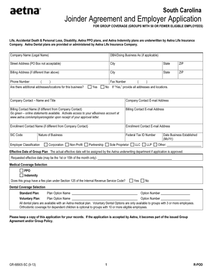 40622371-south-carolina-joinder-agreement-and-employer-application-aetna-south-carolina-joinder-agreement-and-employer-application