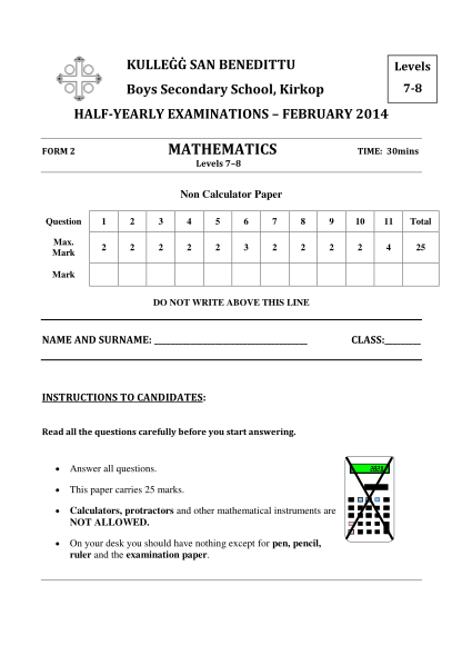 409082436-kulle-san-benedittu-levels-78-boys-secondary-school-kirkop-halfyearly-examinations-february-2014-mathematics-form-2-time-30mins-levels-78-non-calculator-paper-question-1-2-3-4-5-6-7-8-9-10-11-total-max