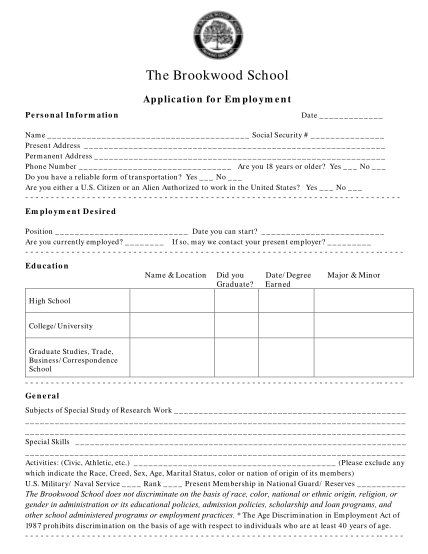 409466402-the-brookwood-school-application-for-employment-personal-information-date-name-social-security-present-address-permanent-address-phone-number-are-you-18-years-or-older-thebrookwoodschool