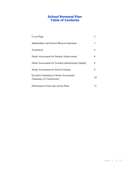 41046553-school-renewal-plan-table-of-contents-cover-page-2-stakeholders-and-school-mission-statement-3-assurances-4-needs-assessment-for-student-achievement-6-needs-assessment-for-teacheradministrator-quality-8-needs-assessment-for-school-cli
