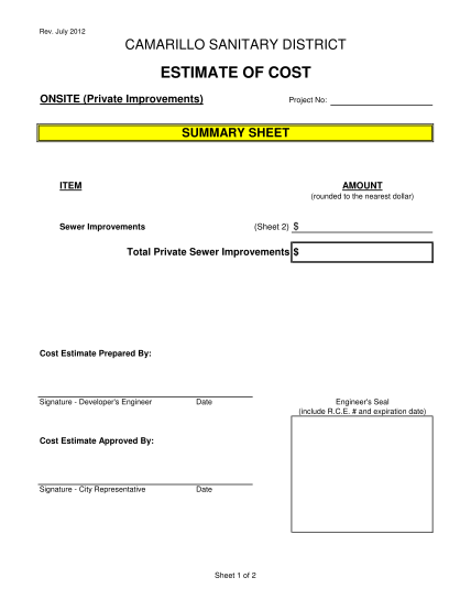 41120608-july-2012-camarillo-sanitary-district-estimate-of-cost-onsite-private-improvements-project-no-summary-sheet-item-amount-rounded-to-the-nearest-dollar-sheet-2-sewer-improvements-total-private-sewer-improvements-cost-estimate-ci