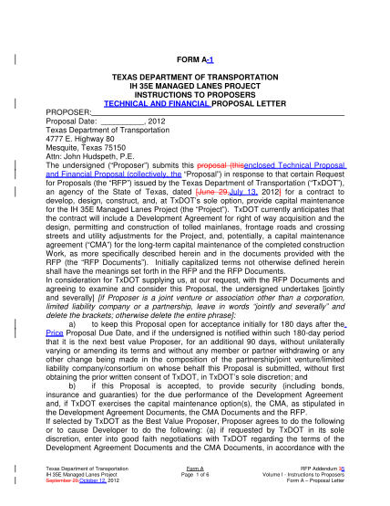 41878156-form-a-1-texas-department-of-transportation-ih-35e-managed-lanes-project-instructions-to-proposers-technical-and-financial-proposal-letter-proposer-proposal-date-2012-texas-department-of-transportation-4777-e-ftp-dot-state-tx