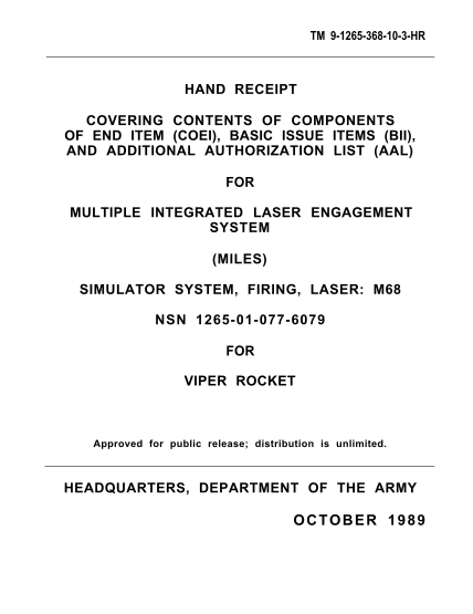 421975230-tm-91265368103hr-hand-receipt-covering-contents-of-components-of-end-item-coei-basic-issue-items-bii-and-additional-authorization-list-aal-for-multiple-integrated-laser-engagement-system-miles-simulator-system-firing-laser-m68