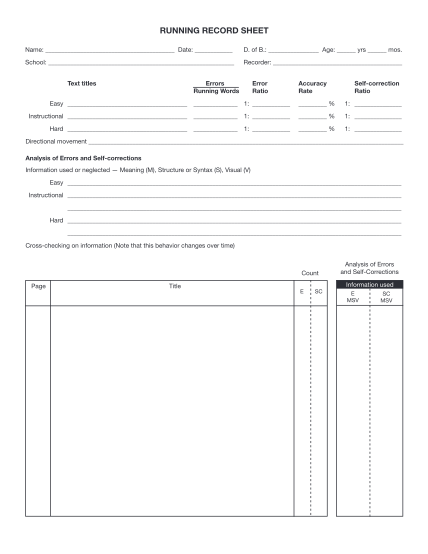 20 Blank Running Record Form Fountas And Pinnell Free To Edit 