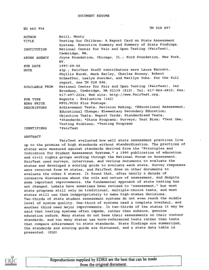 429072639-document-resume-tm-028-897-ed-460-954-author-title-institution-spons-agency-pub-date-note-available-from-pub-type-edrs-price-descriptors-identifiers-neill-monty-testing-our-children-a-report-card-on-state-assessment-systems