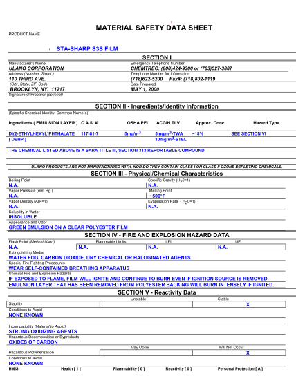 432553646-material-safety-data-sheet-product-name-stasharp-s3s-film-section-i-manufacturer-s-name-emergency-telephone-number-ulano-corporation-chemtrec-8004249300-or-7035273887-address-number-street-telephone-number-for-information-110