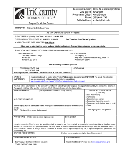 43321147-solicitation-number-date-issued-procurement-officer-phone-email-address-request-for-written-quotes-tctc12dispensingsystems-10032011-kristal-doherty-864-6461795-kdoherty-tctc