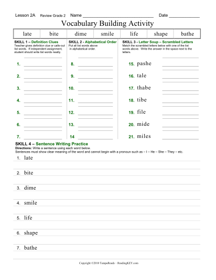 438948996-lesson-2a-review-grade-2-name-date-vocabulary-building-activity-late-bite-dime-smile-life-shape-bathe-skill-1-definition-clues-skill-2-alphabetical-order-skill-3-letter-soup-scrambled-letters-teacher-gives-definition-clue-or-callsout