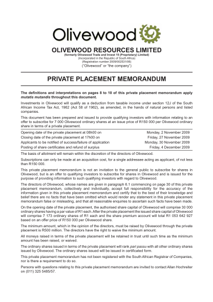 440101870-private-placement-memorandum-olivewood-a-resource-olivewoodresources-co