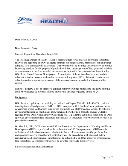 44056068-date-march-28-2011-dear-interested-party-subject-request-for-quotation-fam-32003-the-ohio-department-of-health-odh-is-seeking-offers-for-contractors-to-provide-laboratory-analysis-and-reporting-on-odh-collected-samples-of-household