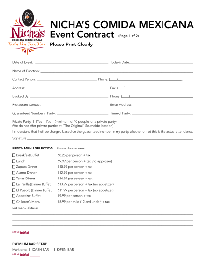440561341-nichas-comida-mexicana-event-contract-page-1-of-2-please-print-clearly-date-of-event-todays-date-name-of-function-contact-person-phone-address-fax-booked-by-phone-restaurant-contact-email-address-guaranteed-number