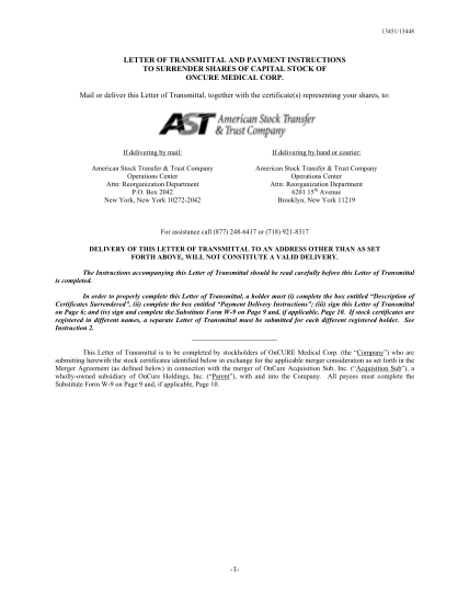 44112185-oncure-final-letter-of-transmittal-for-paying-agent-2
