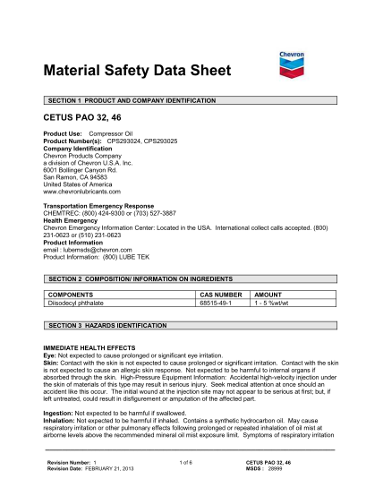443275083-material-safety-data-sheet-section-1-product-and-company-identification-cetus-pao-32-46-product-use-compressor-oil-product-numbers-cps293024-cps293025-company-identification-chevron-products-company-a-division-of-chevron-u