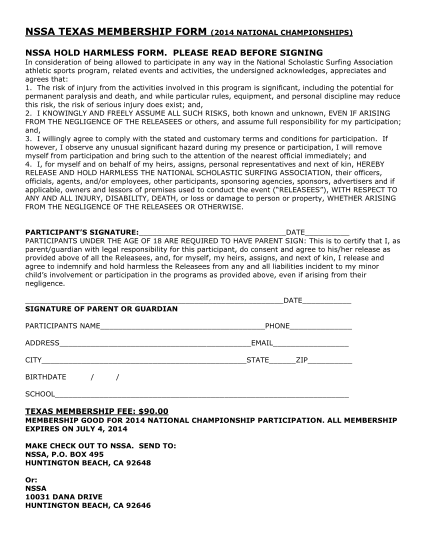 446856566-nssa-texas-membership-form-2014-national-championships-nssa-hold-harmless-form-surftgsa