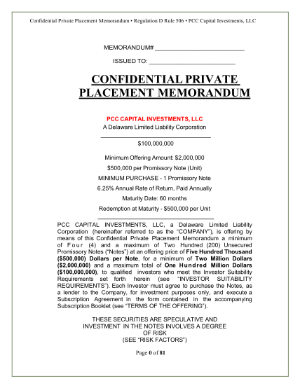 447697607-confidential-private-placement-memorandum-regulation-d-rule-506-pcc-capital-investments-llc-memorandum-issued-to-confidential-private-placement-memorandum-pcc-capital-investments-llc-a-delaware-limited-liability-corporation-100000000