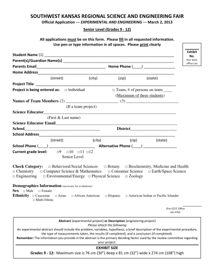 44803165-southwest-kansas-regional-science-and-engineering-fair-official-application-experimental-and-engineering-march-2-2013-senior-level-grades-9-12-all-applications-must-be-on-this-form-sccc