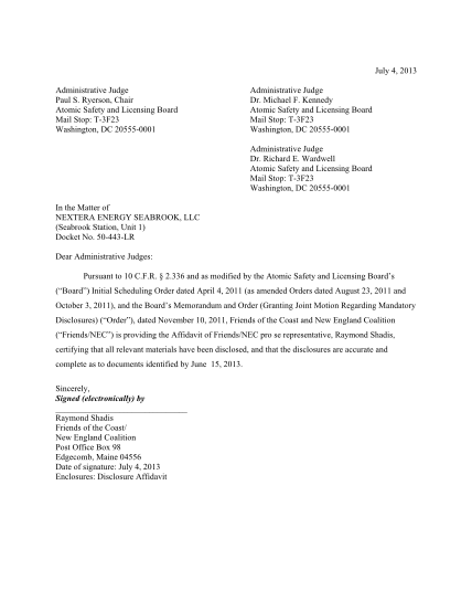 448848810-transmittal-of-affidavit-of-friends-of-the-coastnew-england-coalition-pro-se-representative-raymond-shadis-certifying-all-relevant-materials-have-been-disclosed-in-the-matter-of-nextera-energy-seabrook-llc-seabrook-station-unit-1-nrc