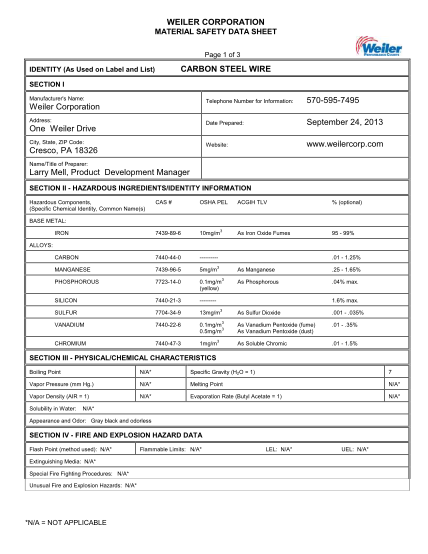 449980582-weiler-corporation-material-safety-data-sheet-page-1-of-3-carbon-steel-wire-identity-as-used-on-label-and-list-section-i-manufacturer-s-name-telephone-number-for-information-one-weiler-drive-city-state-zip-code-cresco-pa-18326