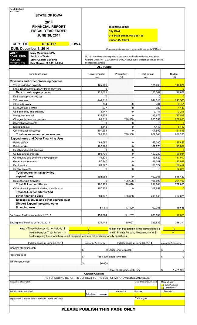 450354621-form-f66-6112014-ia2-state-of-iowa-2014-financial-report-fiscal-year-ended-june-30-2014-dexter-city-of-dexter-iowa-due-december-1-2014-when-completed-please-return-to-16202500600000-city-clerk-911-state-street-po-box-156-dexter