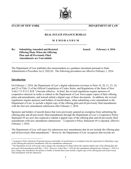 452450984-state-of-new-york-department-of-law-real-estate-finance-bureau-m-emorandum-re-submitting-amended-and-restated-issued-february-4-2016-offering-plans-when-the-offering-plan-and-all-previously-filed-amendments-are-unavailable-the-departm