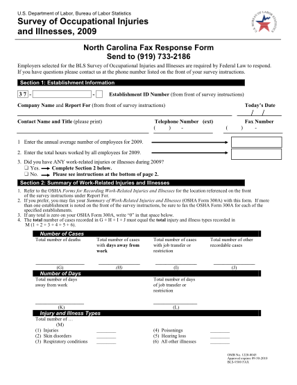453768014-department-of-labor-bureau-of-labor-statistics-survey-of-occupational-injuries-and-illnesses-2009-north-carolina-fax-response-form-send-to-919-7332186-employers-selected-for-the-bls-survey-of-occupational-injuries-and-illnesses-are-bl