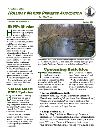 456991680-newsletter-of-the-holliday-nature-preserve-association-our-26th-year-volume-23-number-2-spring-2014-hnpas-mission-h-olliday-nature-preserve-association-hnpa-is-a-group-of-volunteers-dedicated-to-the-william-p-hnpa