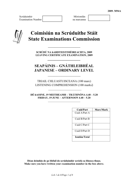 457014399-m94a-scrduimhir-examination-number-mriomln-na-marcanna-coimisin-na-scrduithe-stit-state-examinations-commission-scrd-na-hardteistimireachta-2009-leaving-certificate-examination-2009-seapinis-gnthleibhal-japanese-ordinary-level-triail