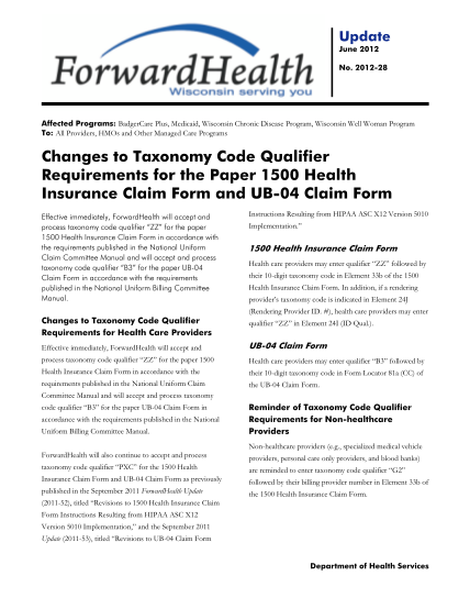 46781655-forwardhealth-update-2012-28-changes-to-taxonomy-code-qualifier-requirements-for-the-paper-1500-health-insurance-claim-form-and-ub-04-claim-form-june-2012-forwardhealth-update-2012-28-forwardhealth-wi