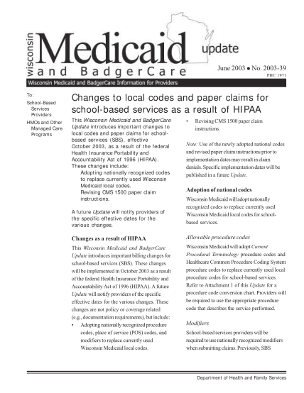 46782231-changes-to-local-codes-and-paper-claims-for-school-based-services-as-a-result-of-hipaa-2003-39-wisconsin-medicaid-and-badgercare-update-june-2003-forwardhealth-wi