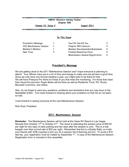468582188-hrrvc-western-holiday-pusher-chapter-500-volume-10-issue-2-august-2011-in-this-issue-presidents-message-2011-maintenance-session-members-mailbox-new-tires-1-1-1-2-your-rv-can-kill-you-chapter-500-contacts-member-recommended-businesses