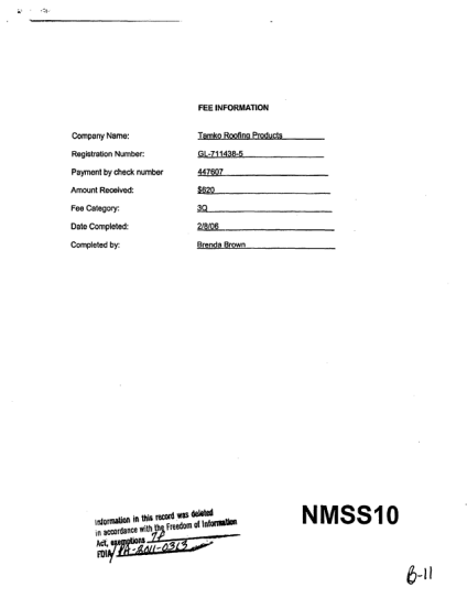 476545505-letter-to-accounts-receivable-cfonrc-from-ken-witt-tamko-roofing-products-inc-regarding-submittal-of-nuclear-material-registration-form-package-and-fees-information-nrc