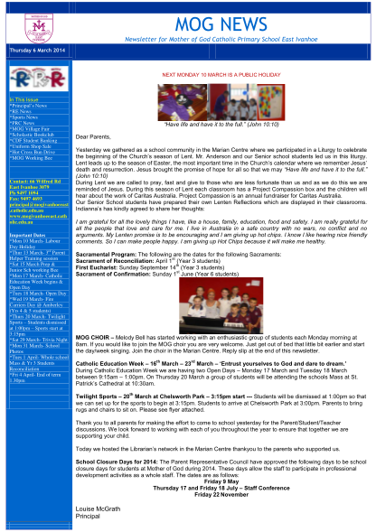 476754810-mog-news-newsletter-for-mother-of-god-catholic-primary-school-east-ivanhoe-thursday-6-march-2014-next-monday-10-march-is-a-public-holiday-in-this-issue-principals-news-re-news-sports-news-prc-news-mog-village-fair-scholastic-bookclub