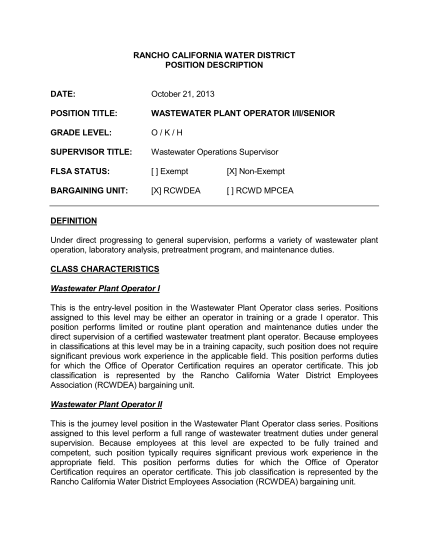 483196482-rancho-california-water-district-position-description-date-october-21-2013-position-title-wastewater-plant-operator-iiisenior-grade-level-okh-supervisor-title-wastewater-operations-supervisor-flsa-status-exempt-x-nonexempt