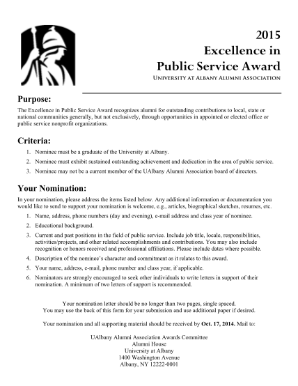483381605-2015-excellence-in-public-service-award-university-at-albany-alumni-association-purpose-the-excellence-in-public-service-award-recognizes-alumni-for-outstanding-contributions-to-local-state-or-national-communities-generally-but-not