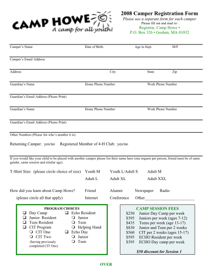 48342071-2008-camper-registration-form-please-use-a-separate-form-for-each-camper-please-fill-out-and-mail-to-registrar-camp-howe-p