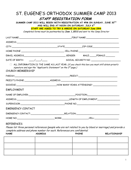 48509232-eugenes-orthodox-summer-camp-2013-staff-registration-form-summer-camp-2013-will-begin-with-registration-at-4pm-on-sunday-june-30th-and-will-end-at-noon-on-saturday-july-6th-staff-are-asked-to-try-ampamp-dowoca