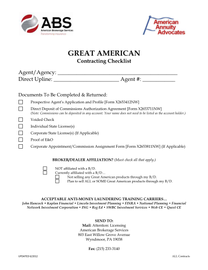 48609928-great-american-contracting-checklist-agentagency-direct-upline-agent-documents-to-be-completed-ampamp