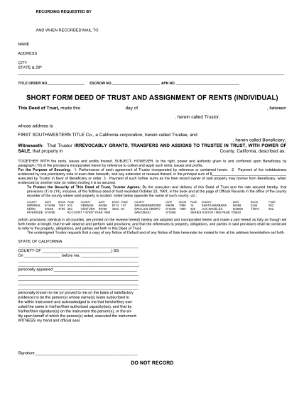 Short Form Deed Of Trust And Assignment Of Rents