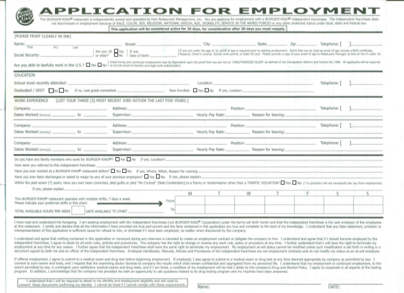 25 Burger King Job Application Form Free To Edit Download Print 