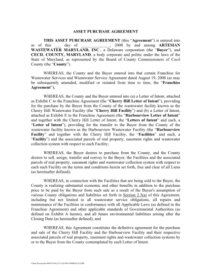 490509677-asset-purchase-agreement-this-asset-purchase-agreement-this-agreement-is-entered-into-as-of-this-day-of-2008-by-and-among-artesian-wastewater-maryland-inc-ccgov